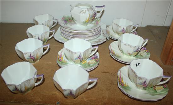 A 1930s Art Deco Shelley Queen Anne Garden Urn pattern part tea service, largest plate 9.75in.